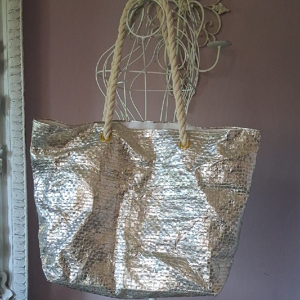 Saks Fifth Avenue Metallic Silver Woven  Rope-Handle Tote